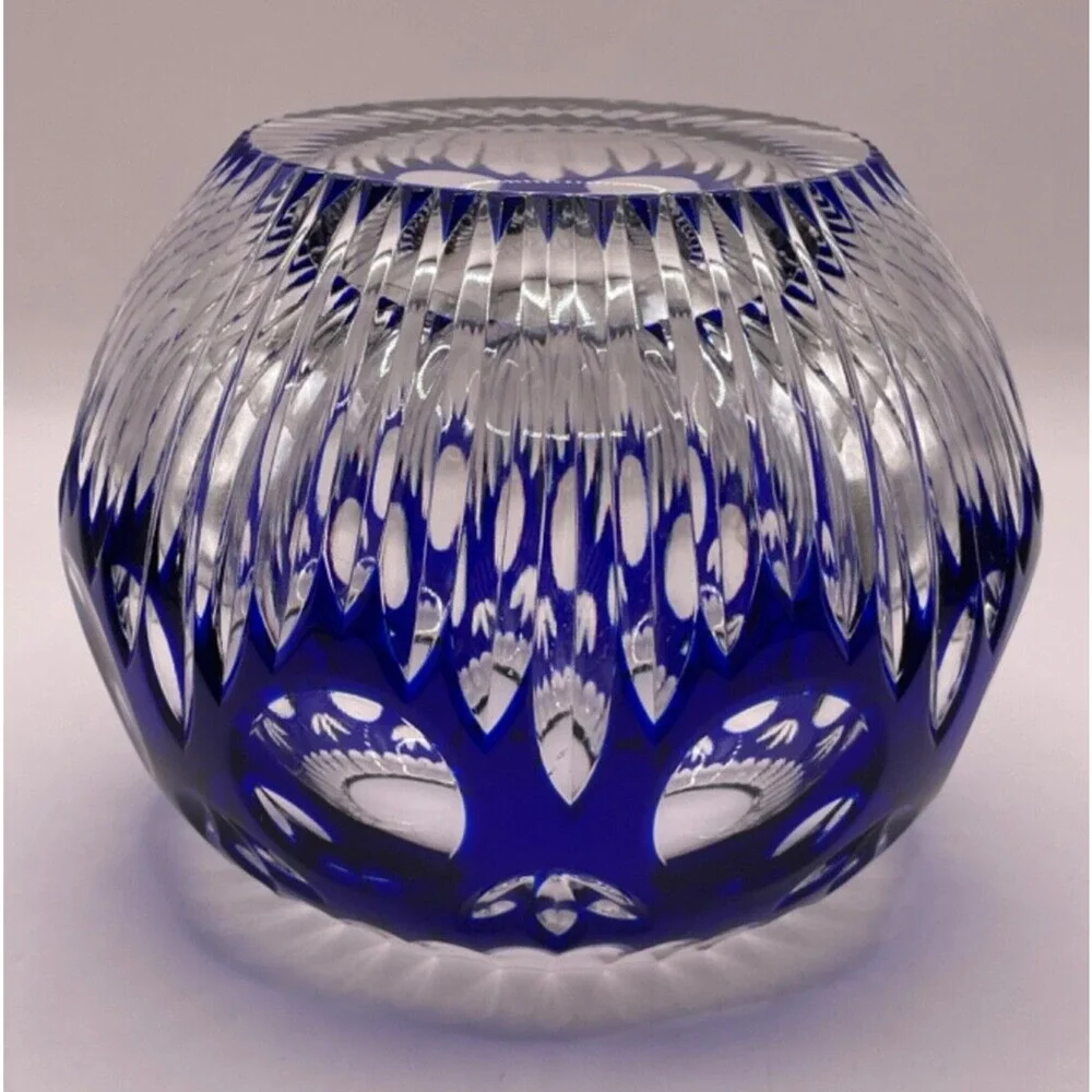 Exquisite Cobalt Blue Cut To Clear Round Crystal Votive Vase 4.5 inches